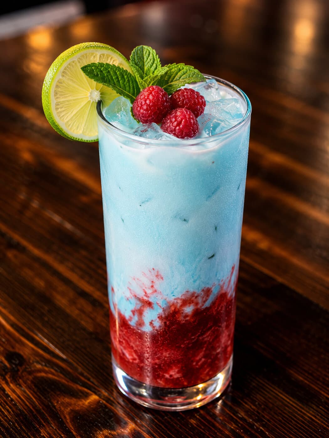 Layered blue specialty drink with raspberries, mint, and lime at Mediterra Houston