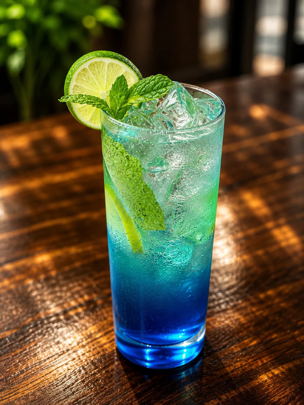 Ocean blue mocktail with lime, mint, and crushed ice at Mediterra Houston