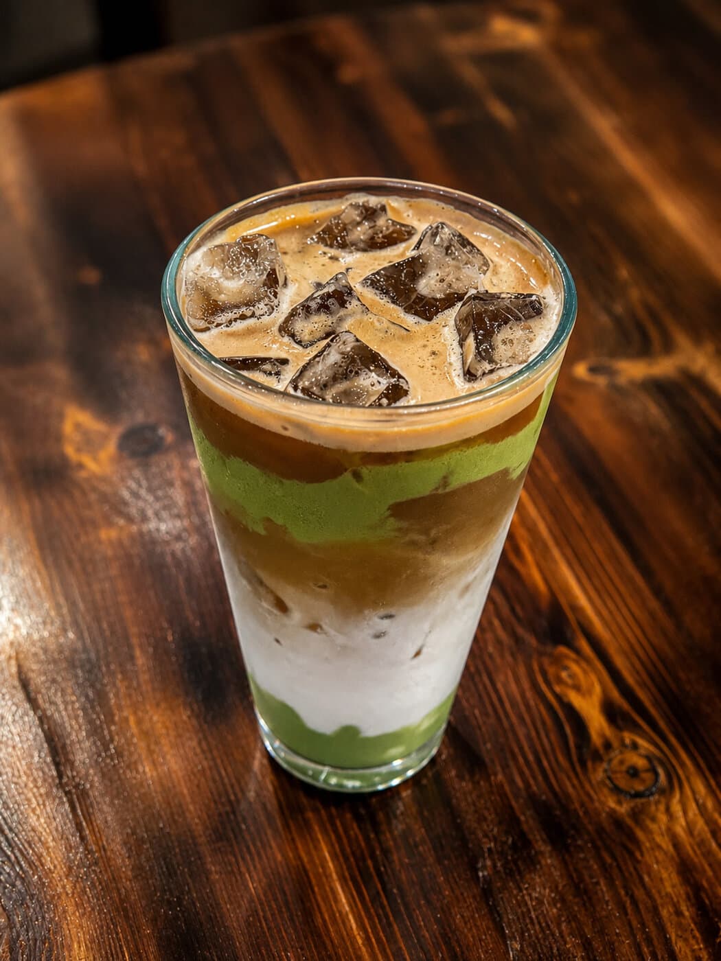 Iced matcha and espresso layered drink at Mediterra Houston