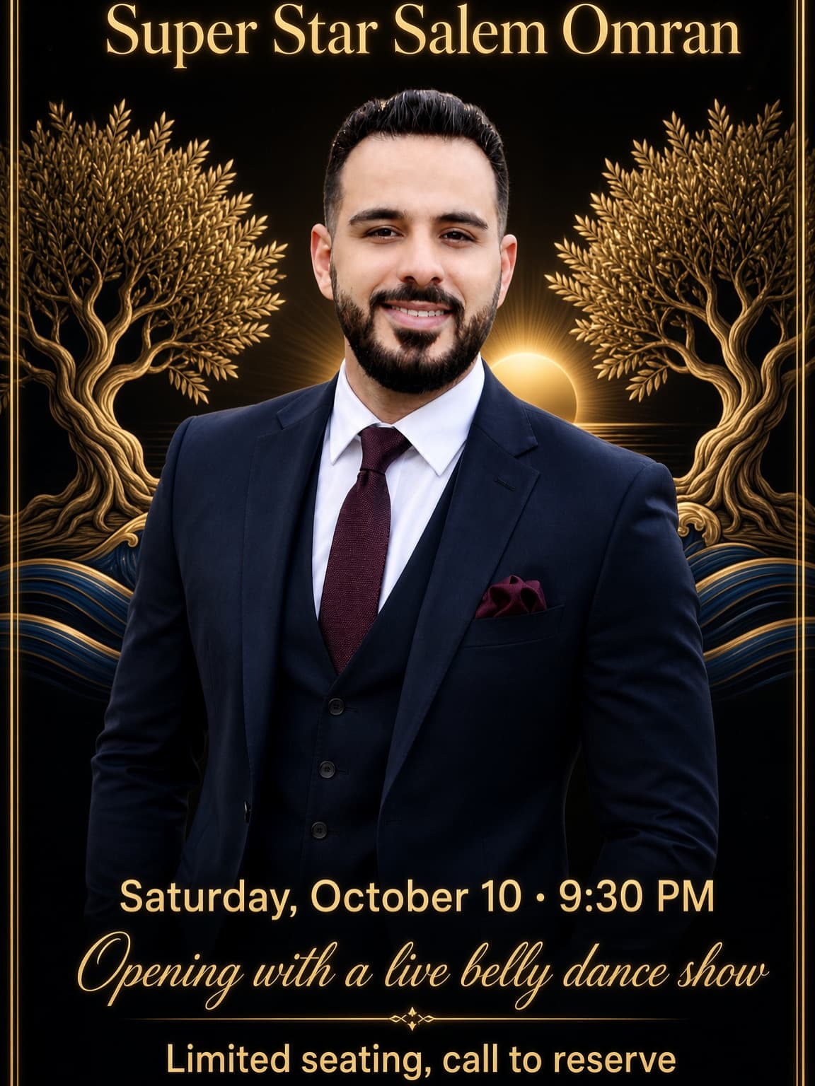 Flyer for Super Star Salem Omran live at Mediterra, Saturday, October 10 at 9:30 PM, opening with a live belly dance show. Limited seating, call to reserve