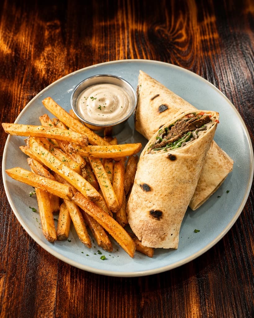 Shawarma wrap with seasoned fries and house sauce at Mediterra Houston