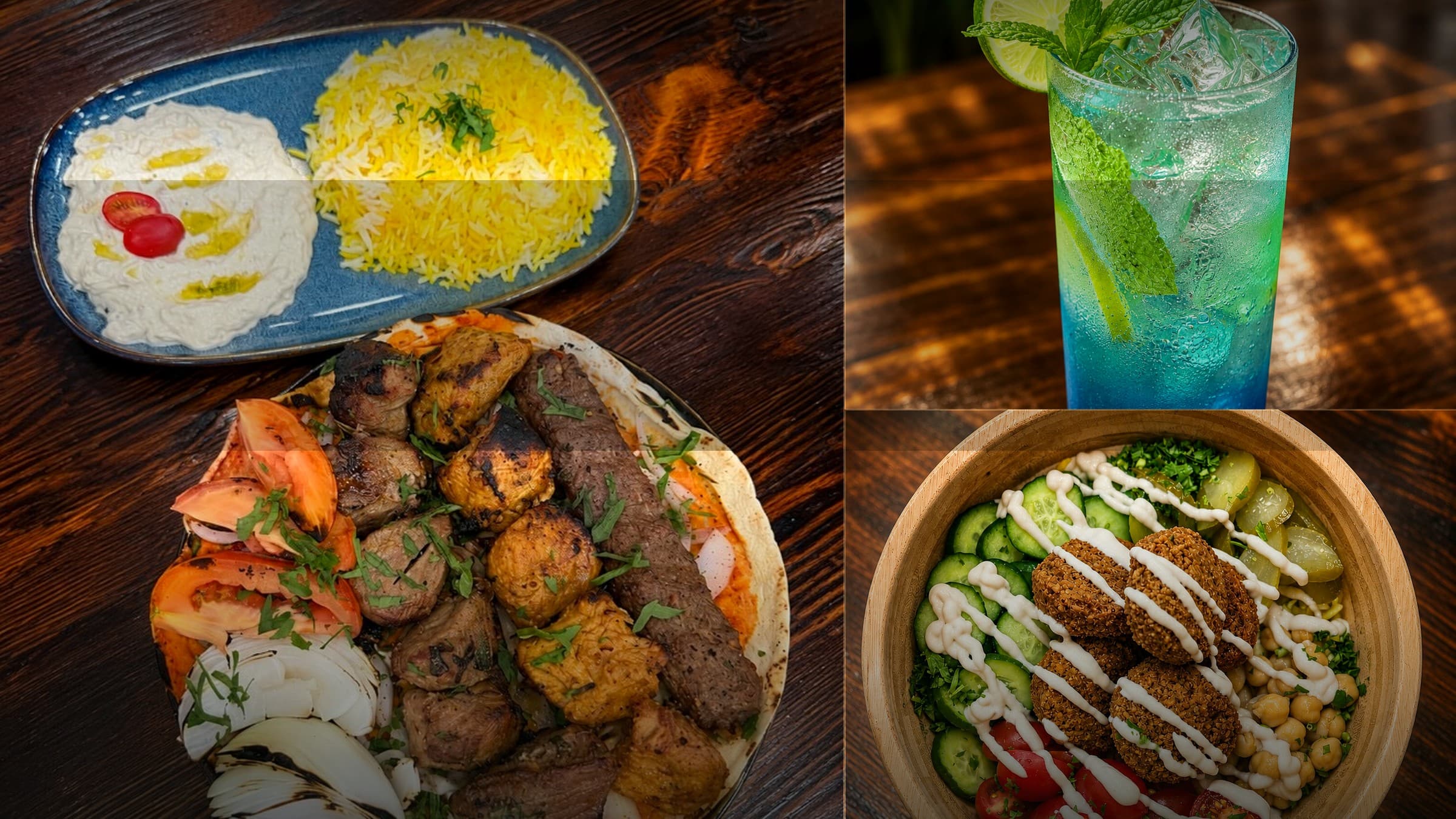 Mediterra mixed grill, specialty blue drink, and falafel bowl