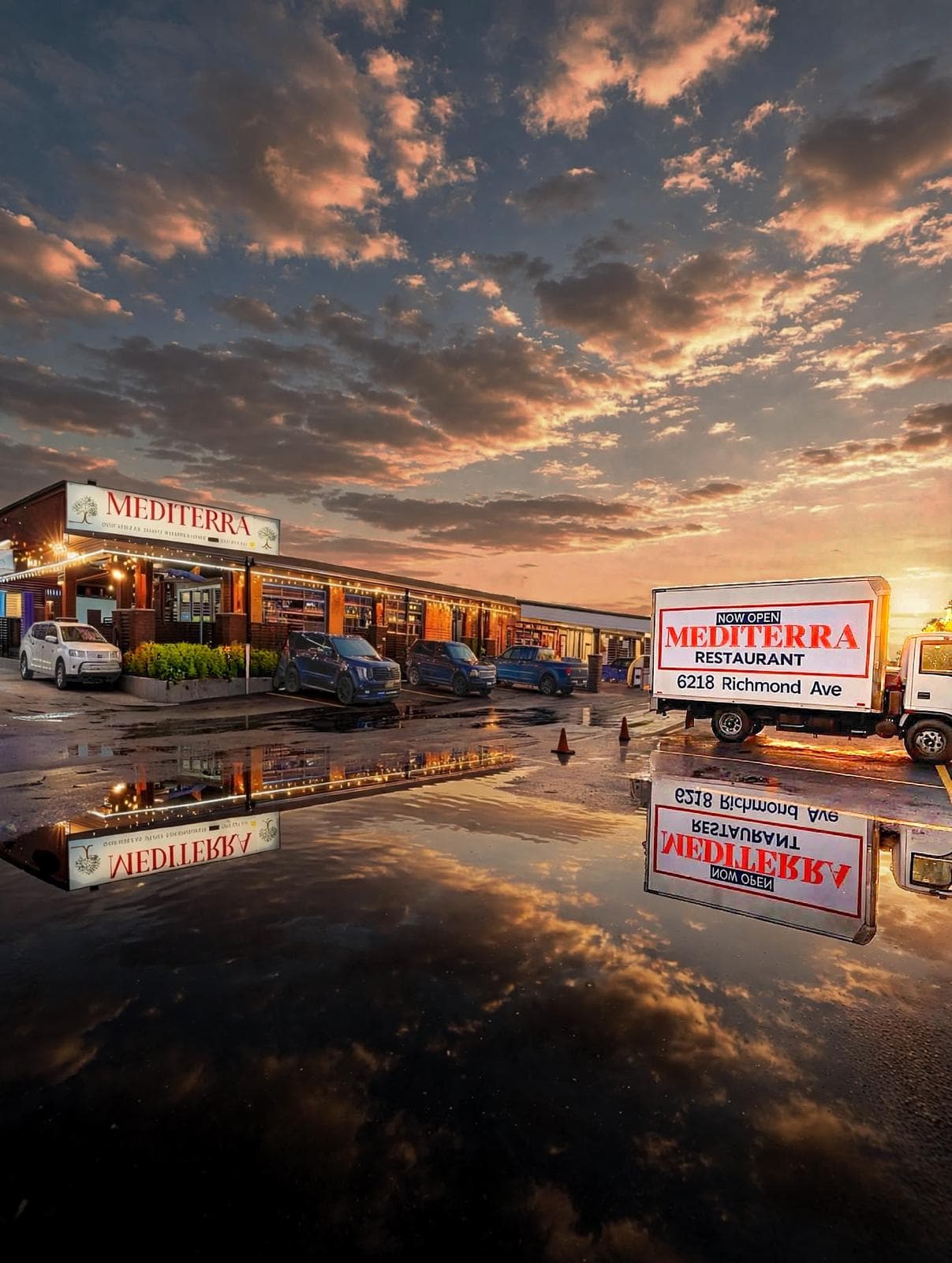 Mediterra exterior at sunset on Richmond Avenue in Houston