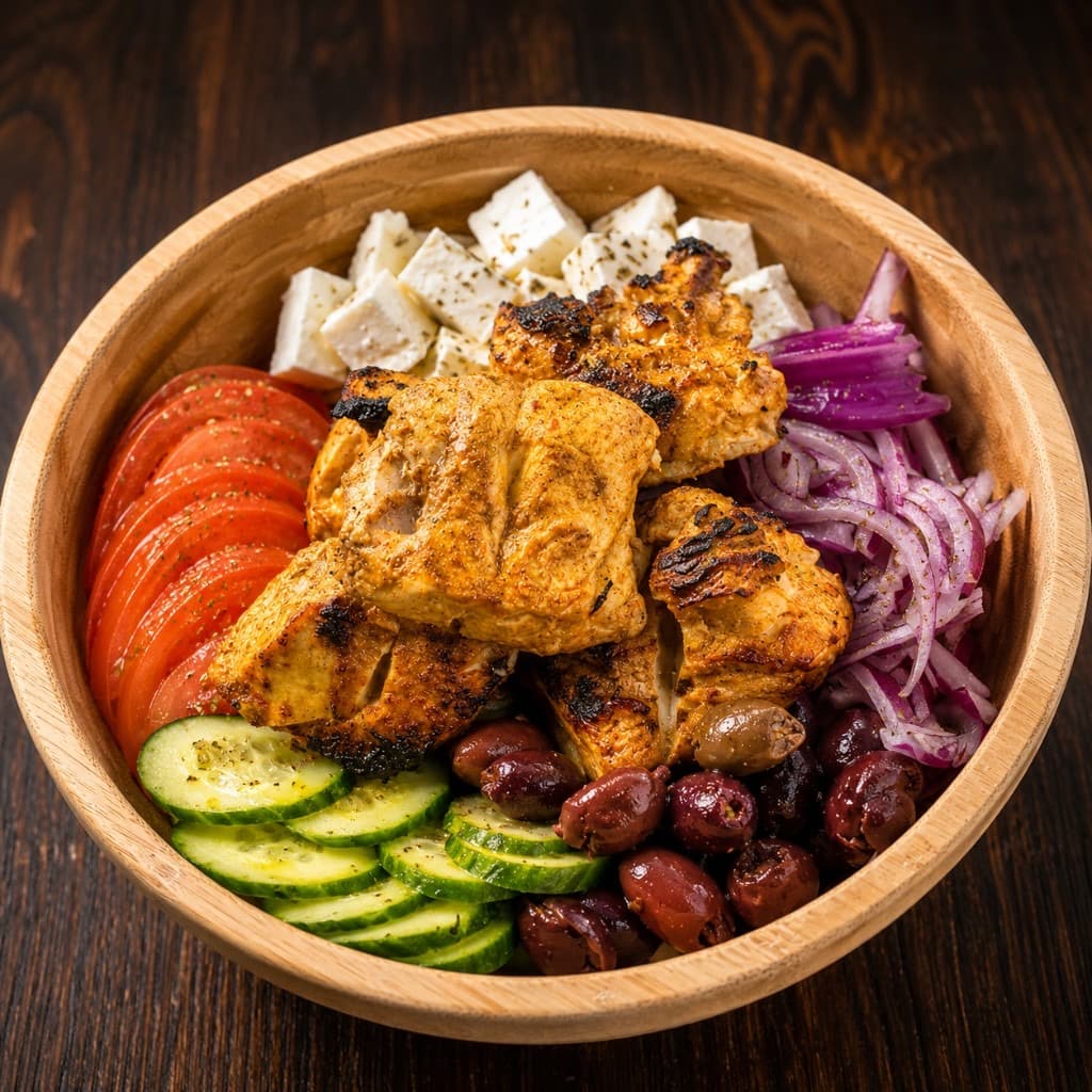 Mediterra Greek chicken bowl with feta, olives, and fresh vegetables